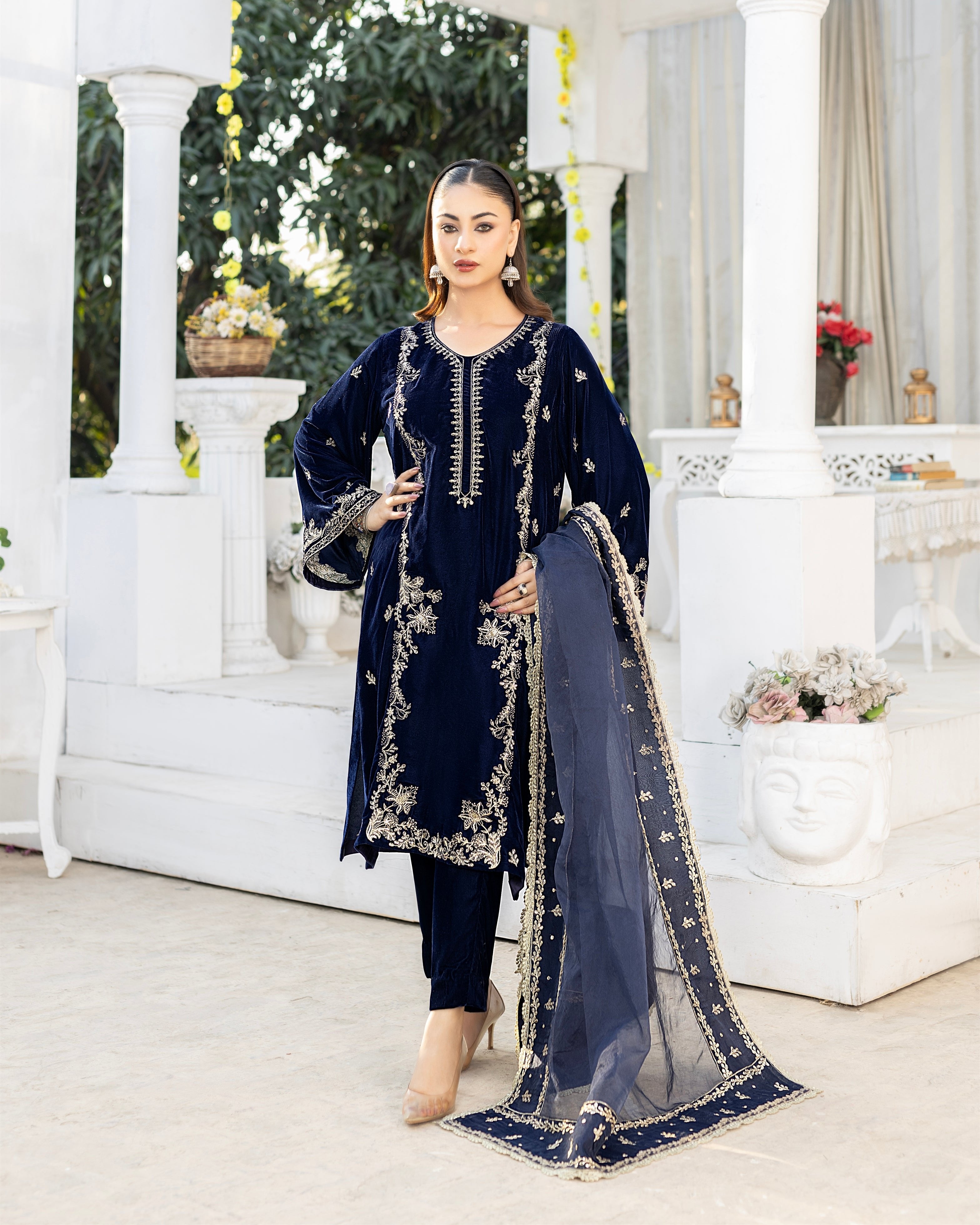 navy blue velvet dress pakistani Navy Blue Embroidered Velvet Pakistani Dresses 3PCS Navy Blue Velvet Dress ALRUBAB COLLECTION