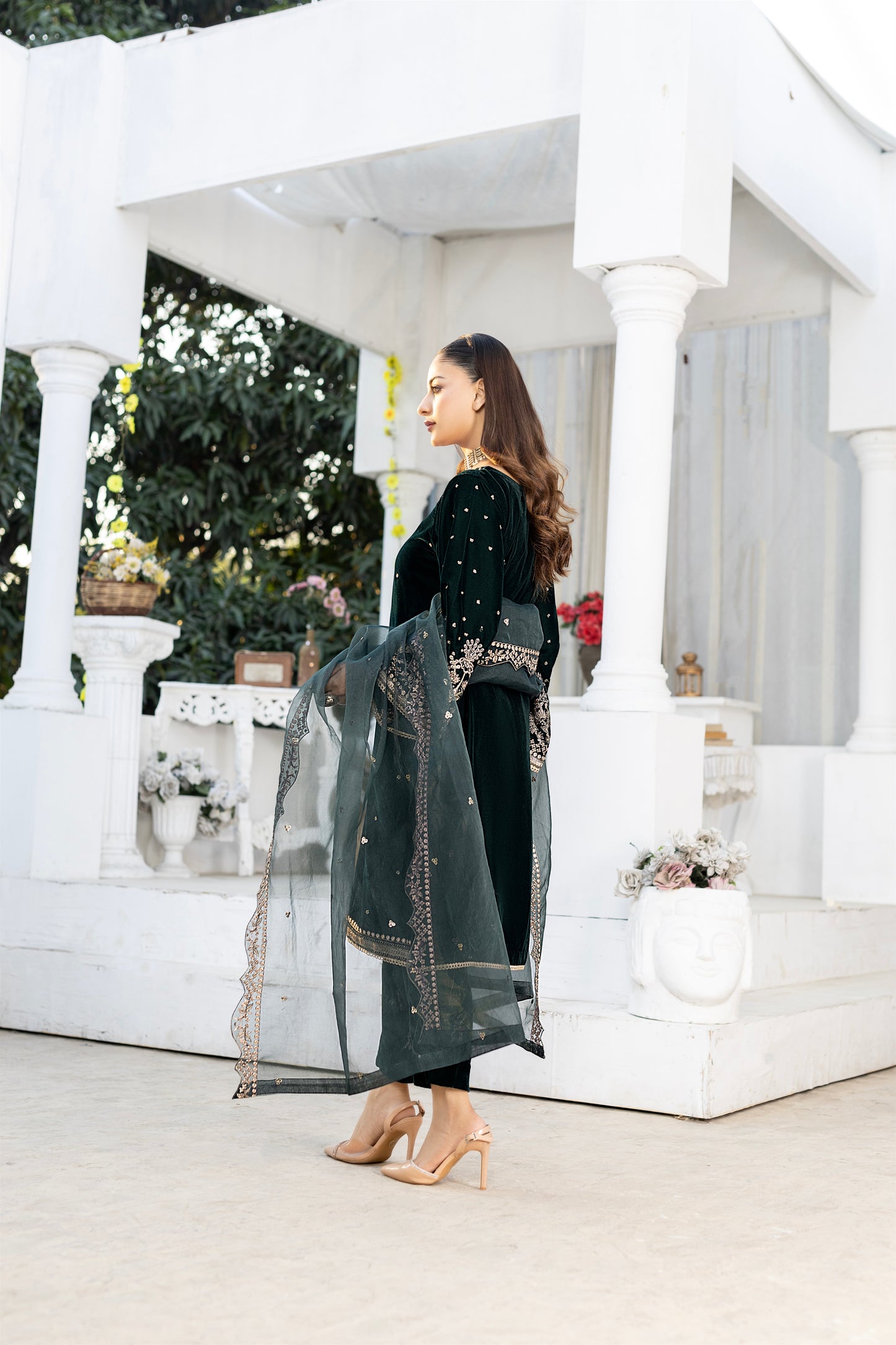 3 Pcs Emerald Green Velvet Dress