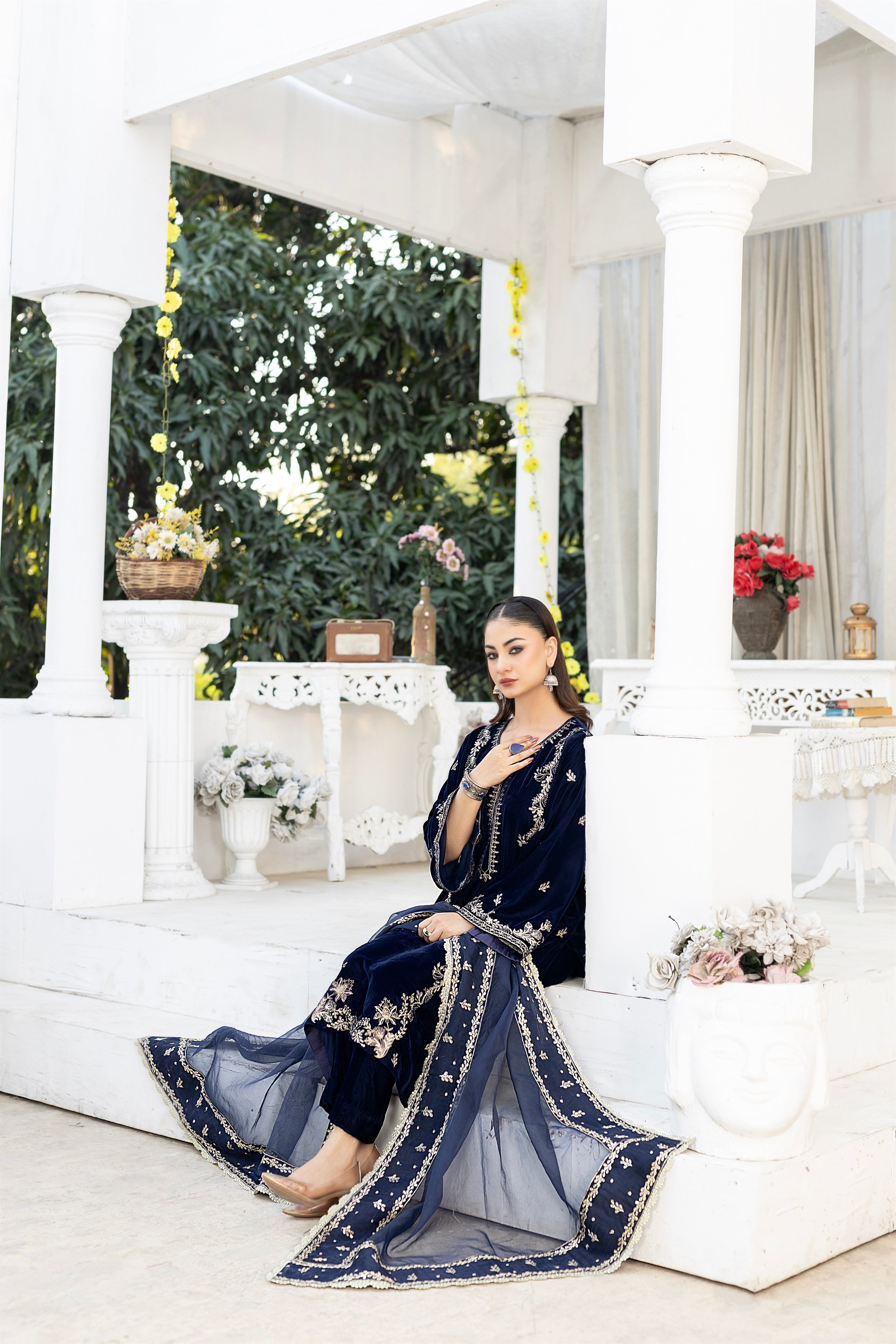 3PCS Navy Blue Velvet Dress – ALRUBAB COLLECTION