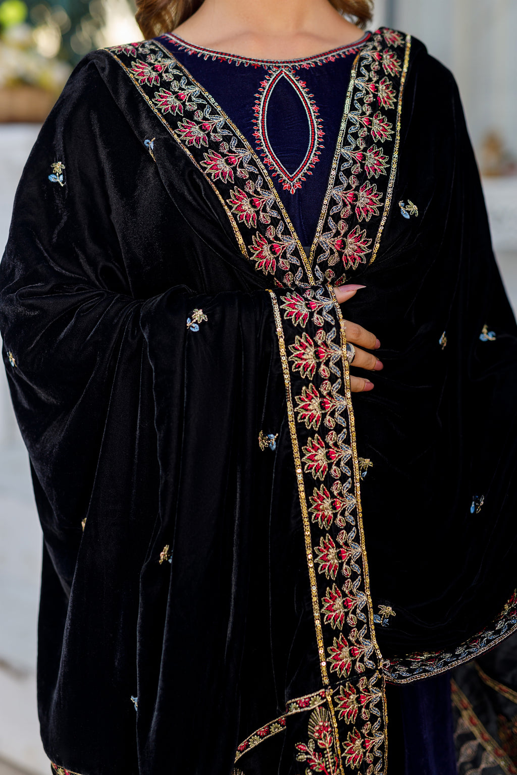 Velvet Black Shawl With Border