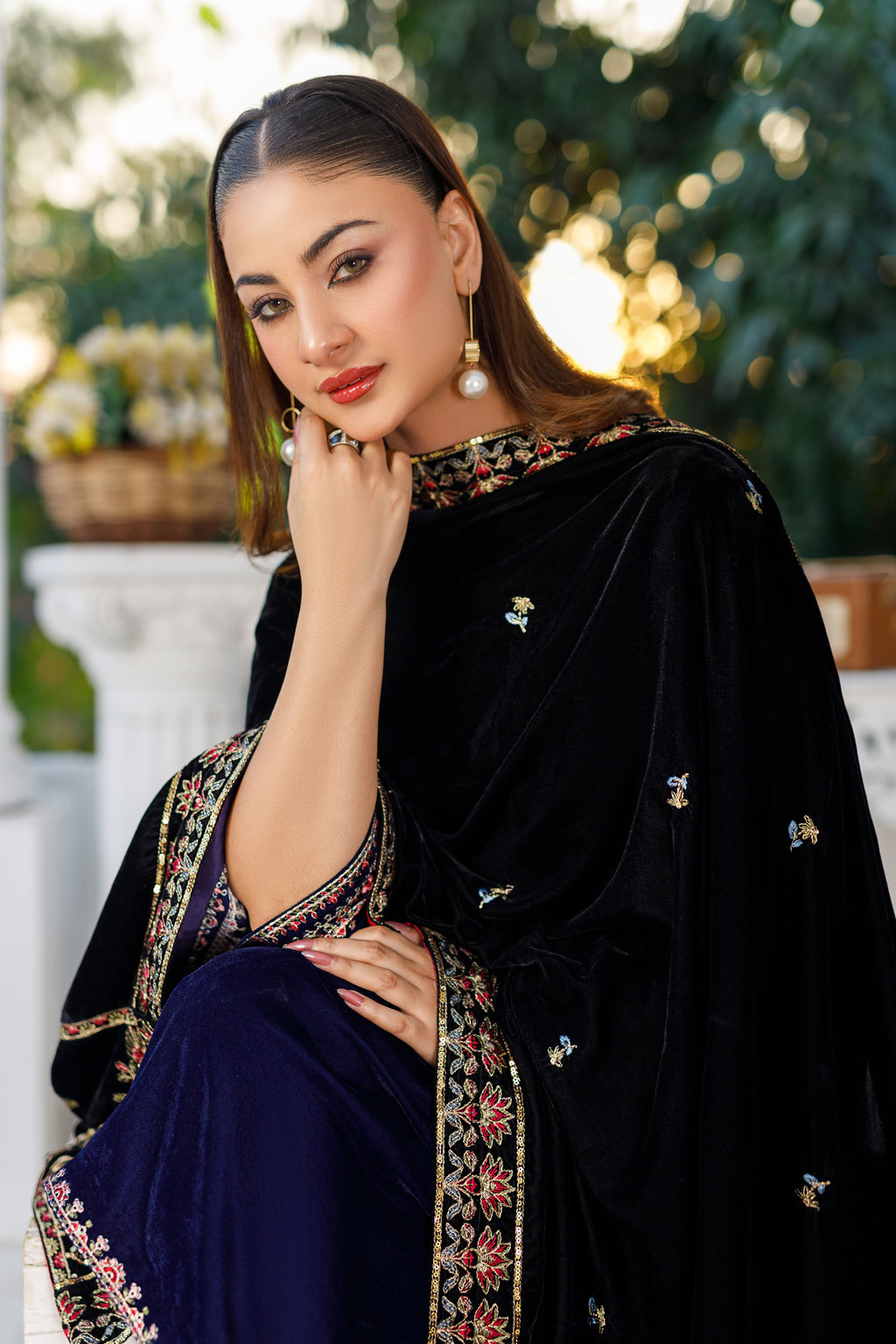 Velvet Black Shawl With Border