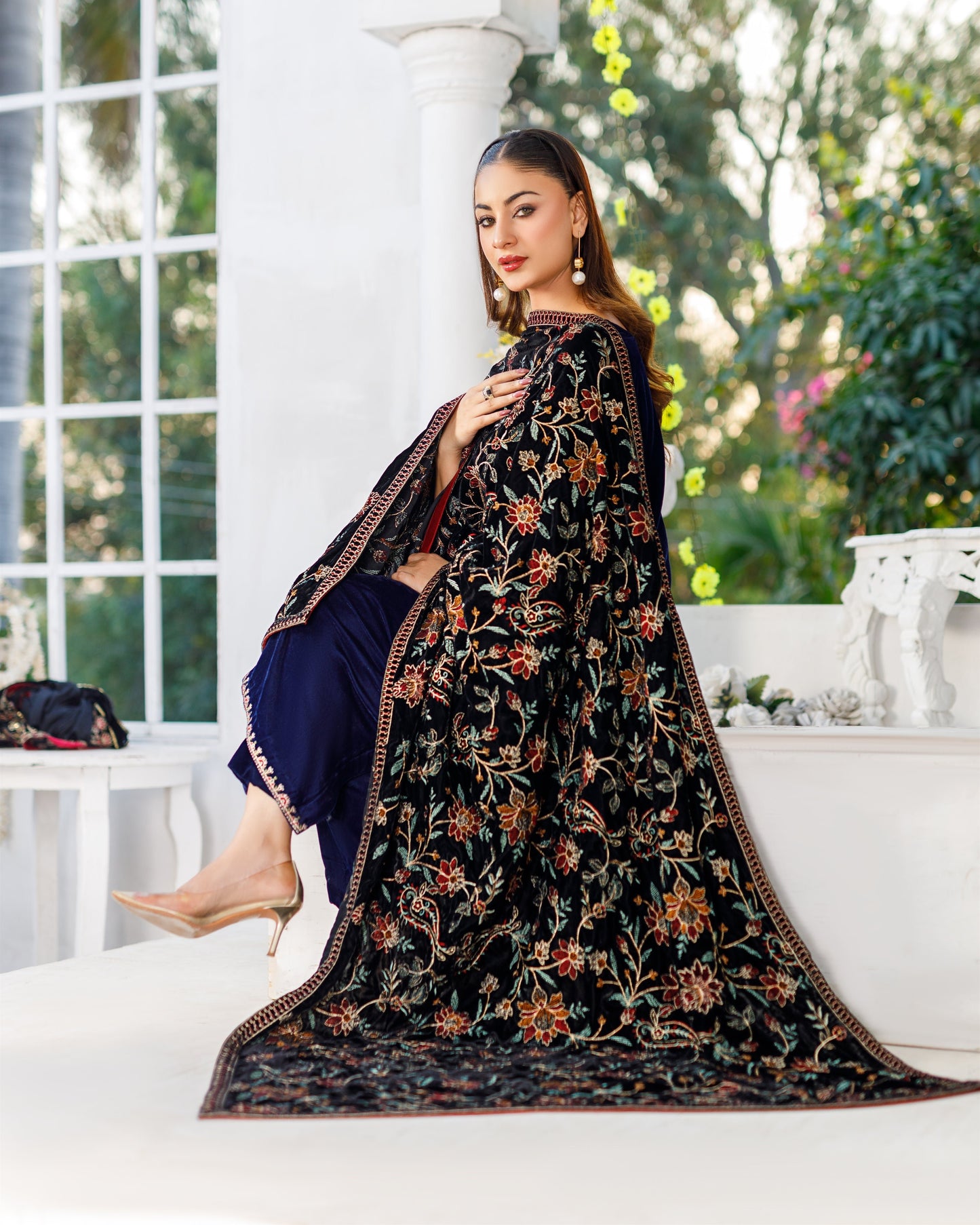 Black Velvet Shawl with All-Over Tilla Embroidery