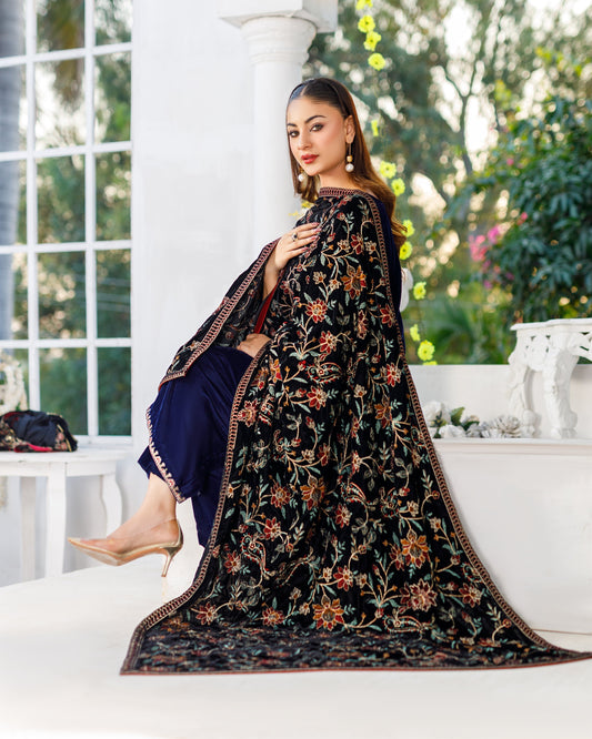 Black Velvet Shawl with All-Over Tilla Embroidery