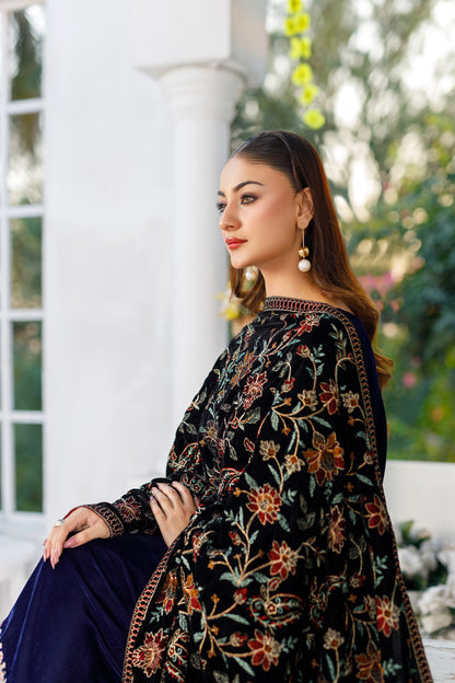 Black Velvet Shawl with All-Over Tilla Embroidery