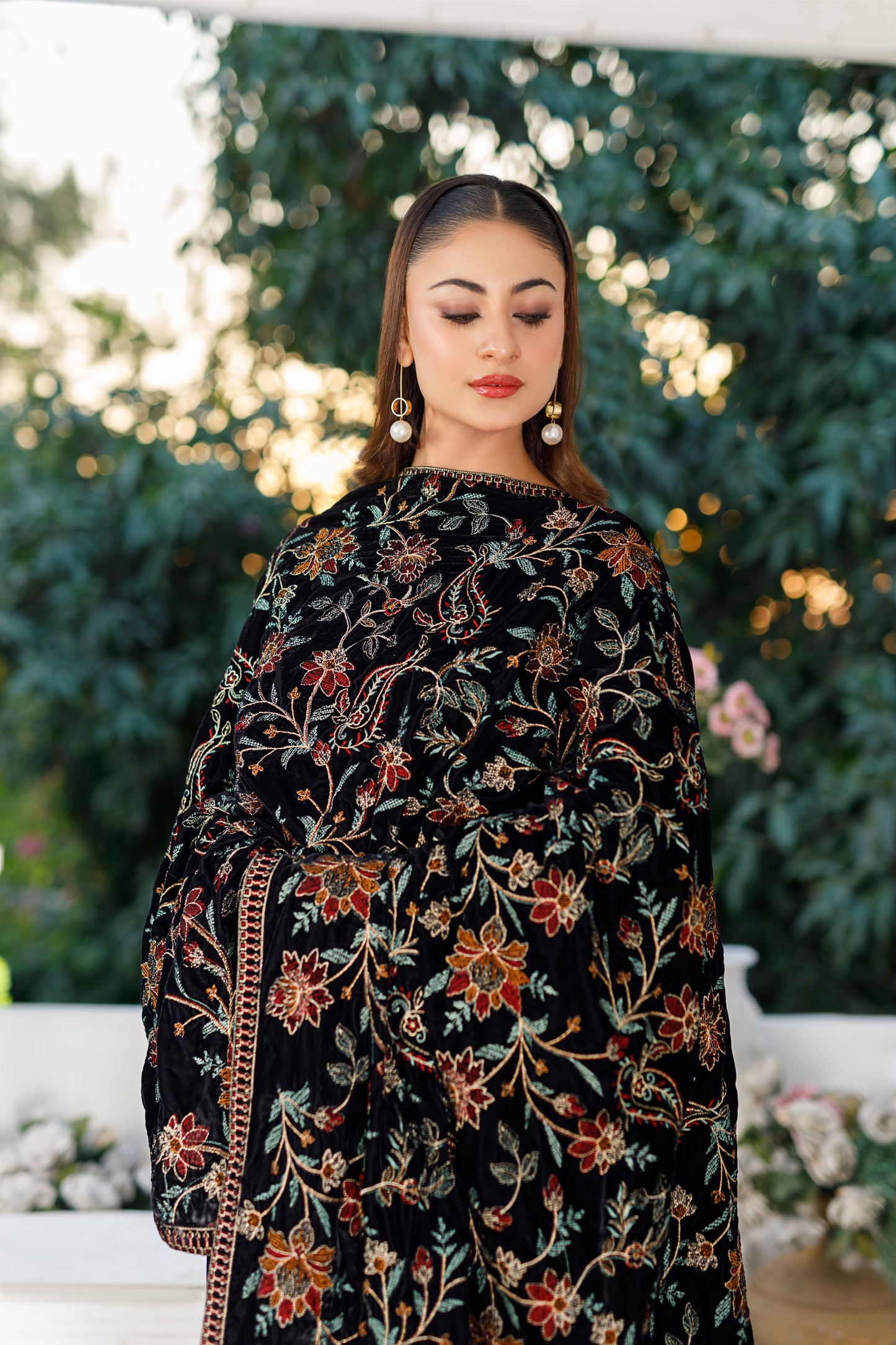 Black Velvet Shawl with All-Over Tilla Embroidery