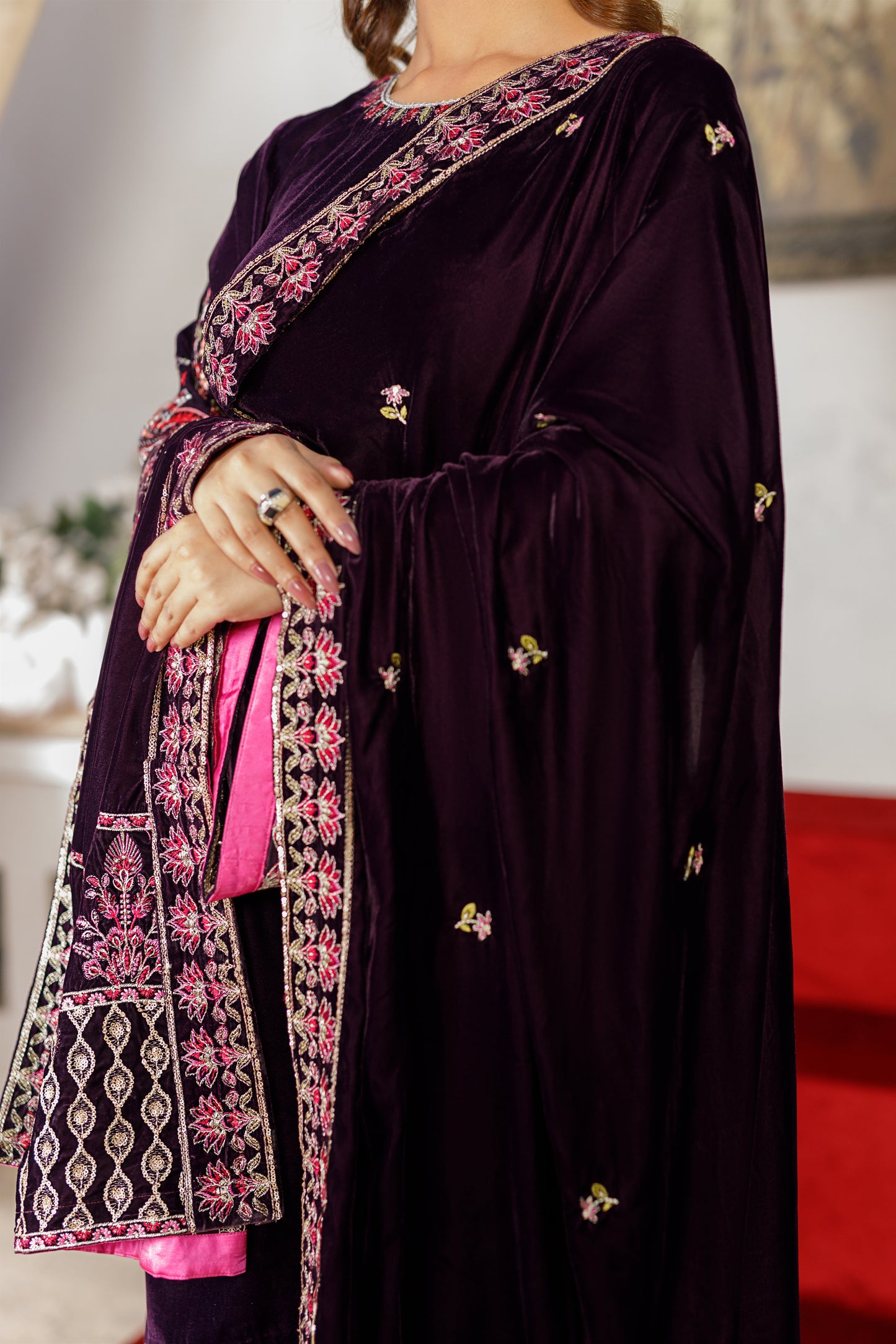 Purple Velvet Shawl With Border