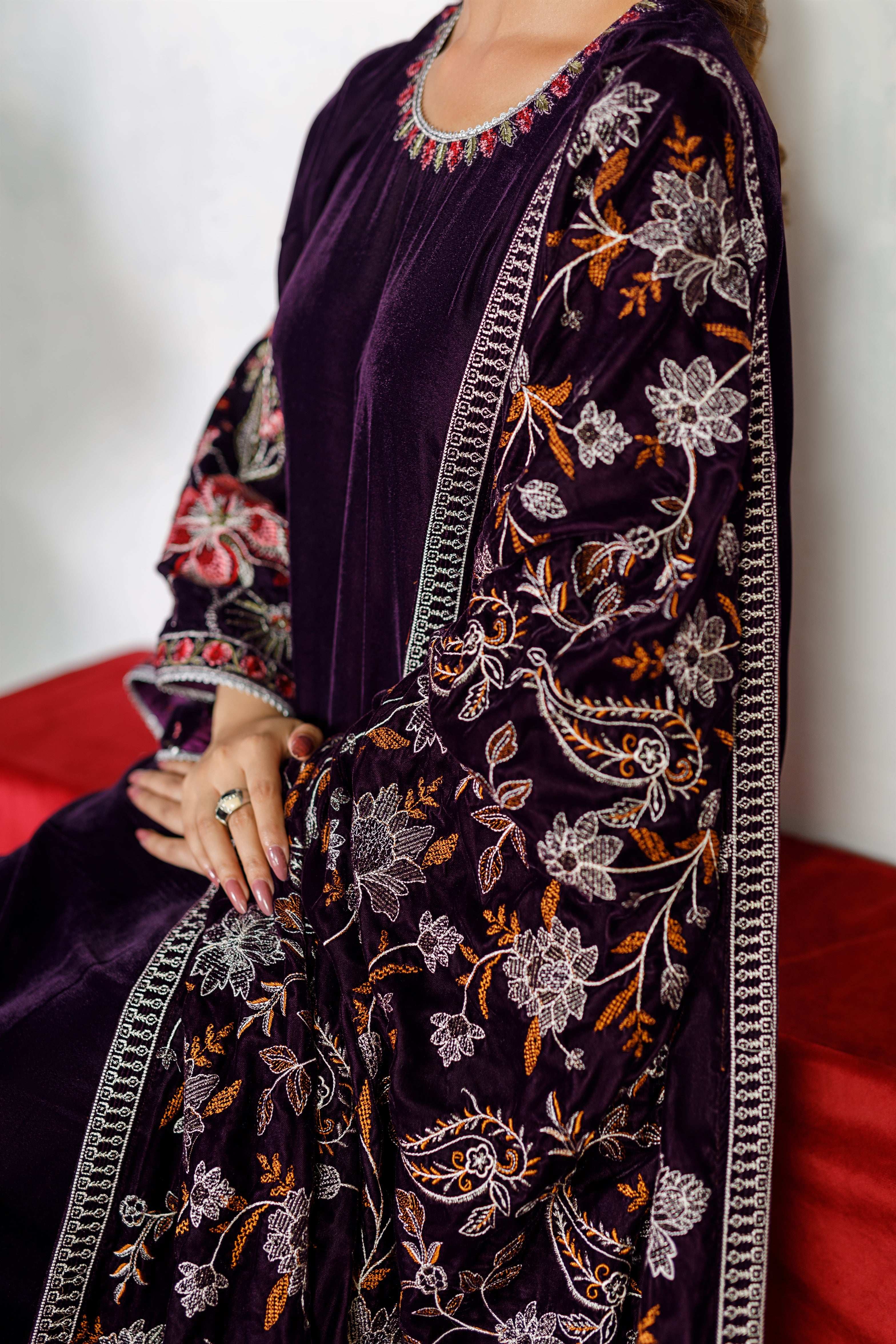 Purple Velvet Shawl with All-Over Tilla Embroidery